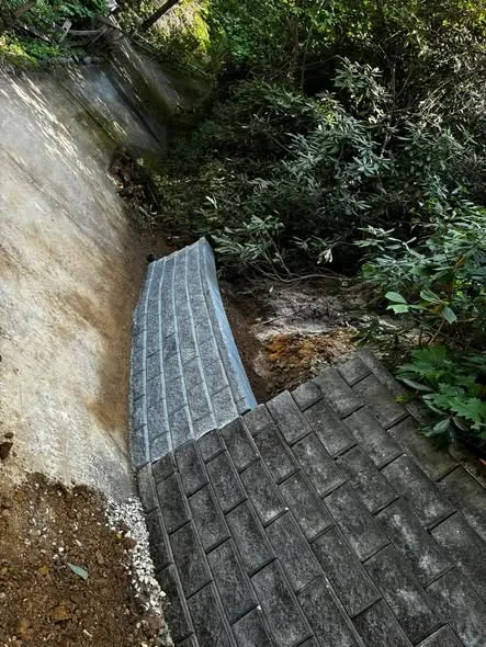 Block retaining wall being built